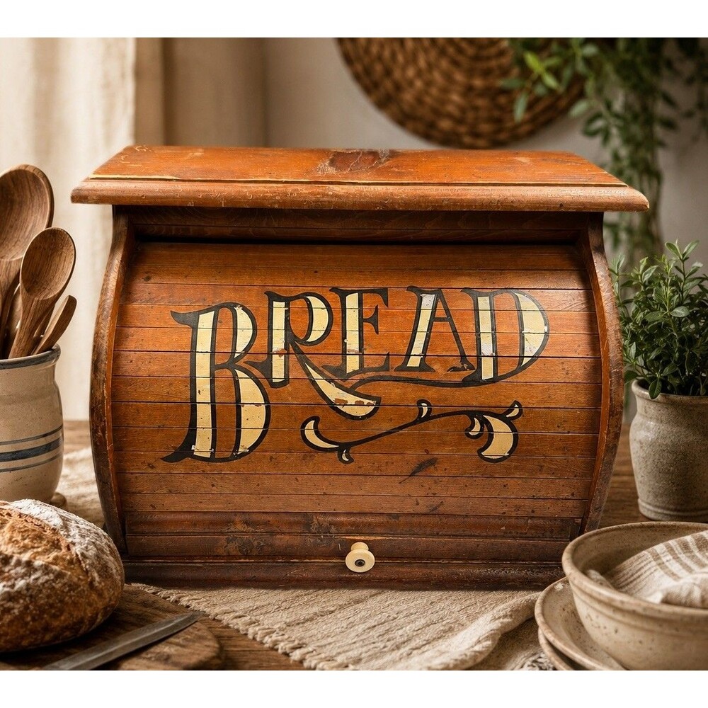 Vintage 1980s Wooden Roll Top Bread Box Bread Lettering Farmhouse Kitchen Decor